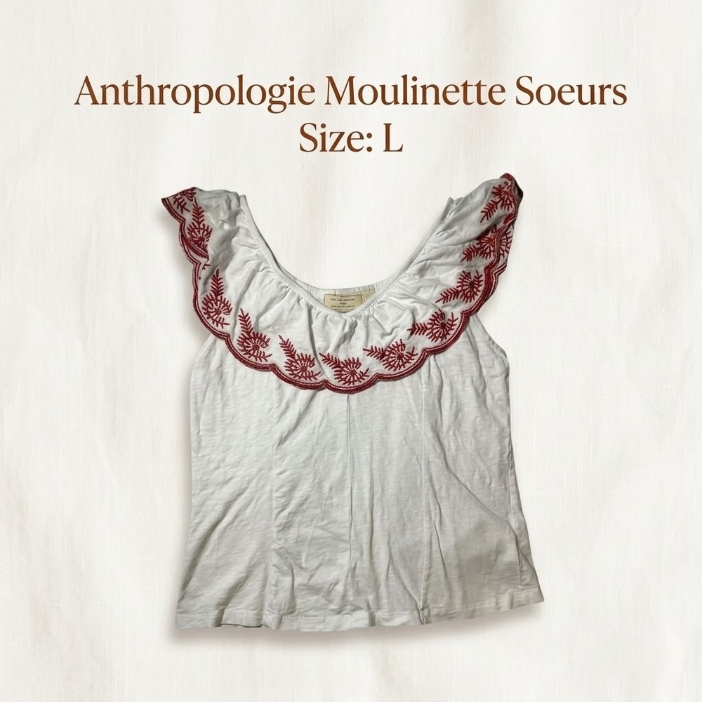 Anthropologie Moulinette Soeurs Top Embroidered Ruffle L White Red